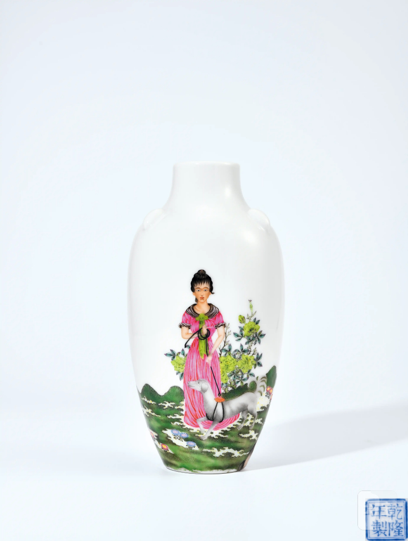 民国 叶震嘉风格珐琅彩西洋美女图瓶
